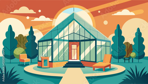 A uniquely designed living space with a large solarium providing ample natural light while also showcasing the homes stunning architecture.. Vector illustration