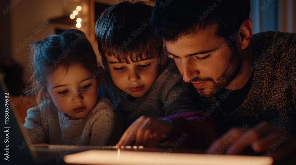 A family of three sitting together looking at a laptop screen with curious expressions A family of three sitting together looking at a laptop screen with curious expressions