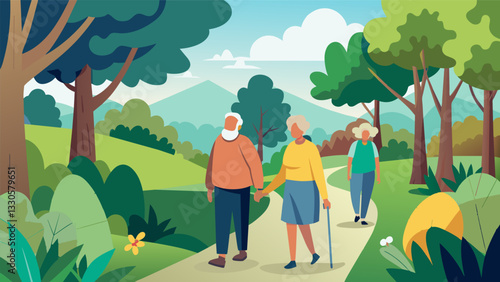 A guided nature walk through a tranquil forest providing seniors with fresh air gentle exercise and the beauty of nature to soothe their minds and bodies.. Vector illustration