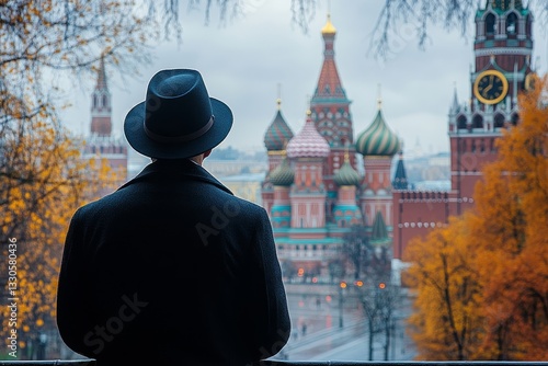 a person in a hat is looking at the red square in Moscow.