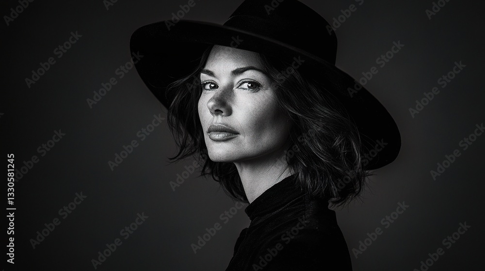 Artistic Black and White Portrait of Woman with Wide Brim Hat Artistic Black and White Portrait of Woman with Wide Brim Hat