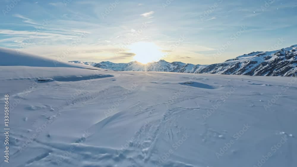 Serene snow-covered landscape with mountains under bright sunlight Serene snow-covered landscape with mountains under bright sunlight