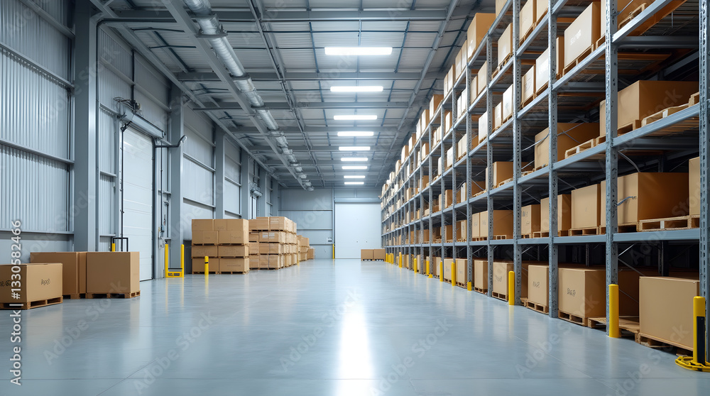 Clean Modern Warehouse Interior Aisle with Rows of Boxes on Shelves for Efficient Storage Clean Modern Warehouse Interior Aisle with Rows of Boxes on Shelves for Efficient Storage