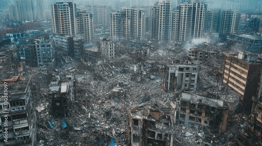 A futuristic city with towering buildings amidst debris and destruction A futuristic city with towering buildings amidst debris and destruction