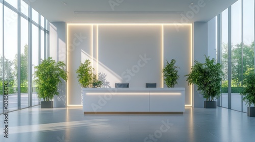 A modern office reception area bathed in natural light from expansive windows  highlighting the minimalist decor with white walls and elegant LED lighting