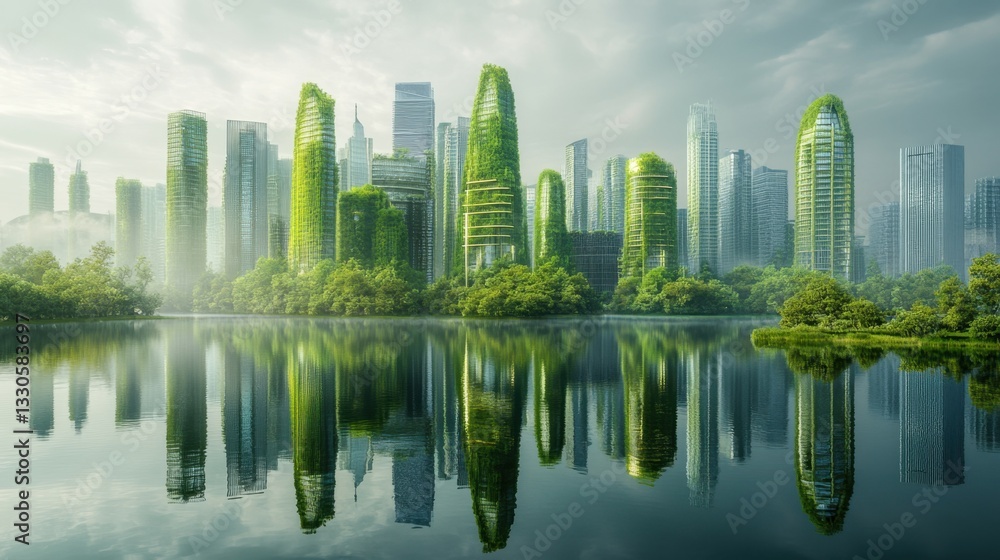 Obraz premium A futuristic vision of a green city with modern buildings is beautifully reflected in the calm waters of a lake, symbolizing urban sustainability