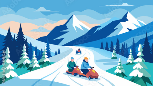 A group of retirees hiking through a snowy landscape on a snowmobile tour with snowcovered pine trees and mountains in the backdrop.. Vector illustration