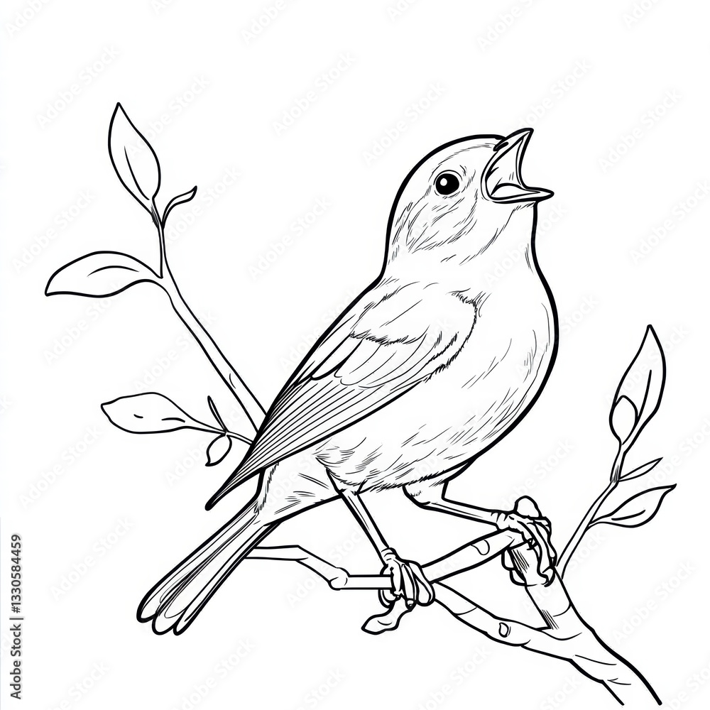 Melodious Songbird Silhouette: A delicate drawing of a songbird perched on a branch, mouth open in song, with leaves outlining a crisp, minimalist composition, evoking a sense of serenity. Melodious Songbird Silhouette: A delicate drawing of a songbird perched on a branch, mouth open in song, with leaves outlining a crisp, minimalist composition, evoking a sense of serenity.