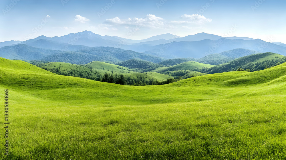 Lush green hills stretch towards distant misty mountains under a clear blue sky Lush green hills stretch towards distant misty mountains under a clear blue sky