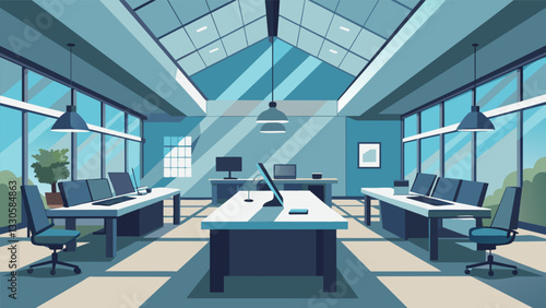 A sleek and modern office space with strategically p skylights providing natural light throughout the day to keep employees energized and focused.. Vector illustration