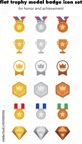 flat golden silver bronze trophy medal badge diamond icon set, award champion victory achievement vector collection, premium sports esports competition ranking success leaderboard honor illustration