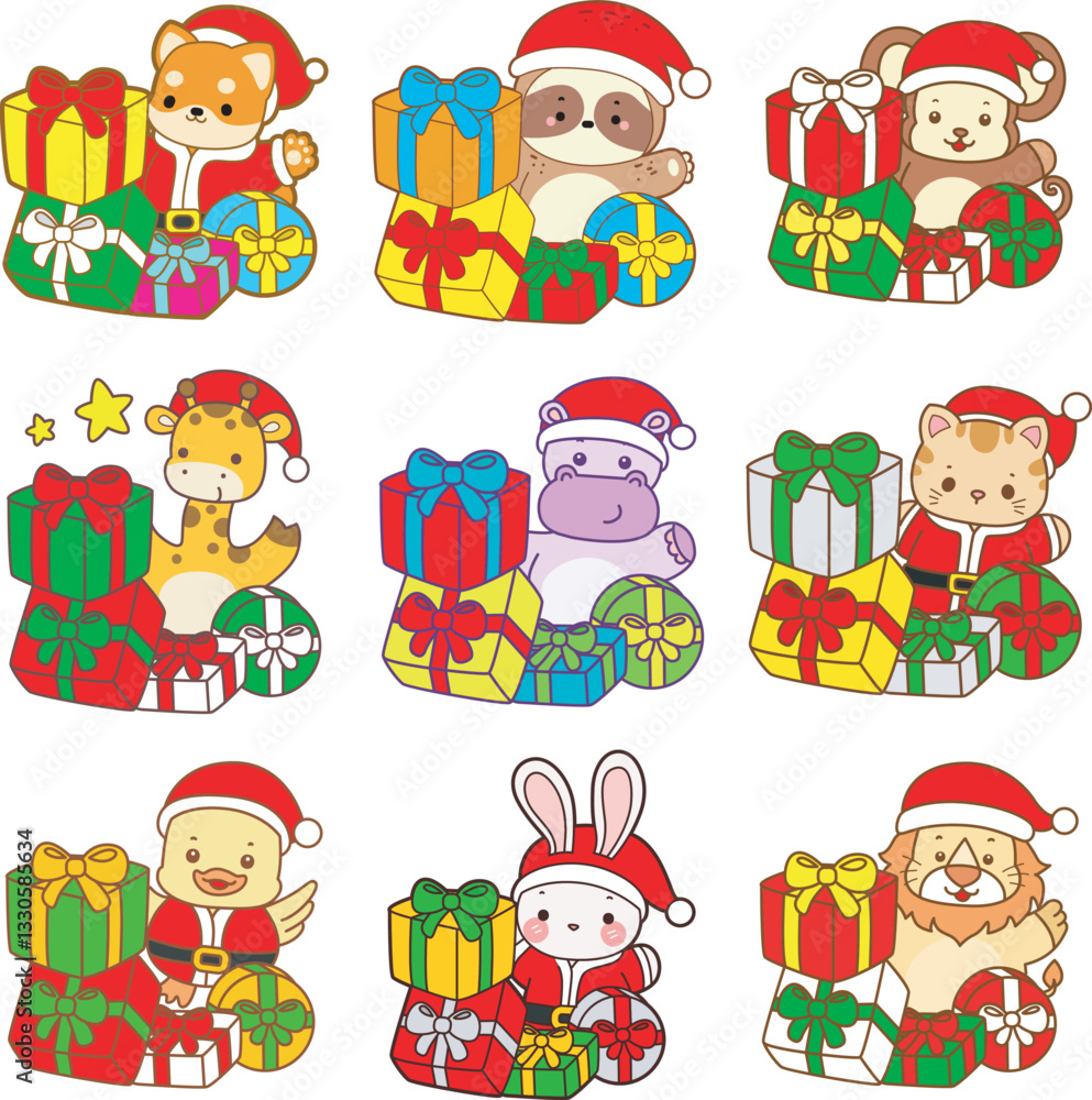 Cute animals vector icon with christmas theme. Funny baby animal christmas illustration. Cute animals vector icon with christmas theme. Funny baby animal christmas illustration.