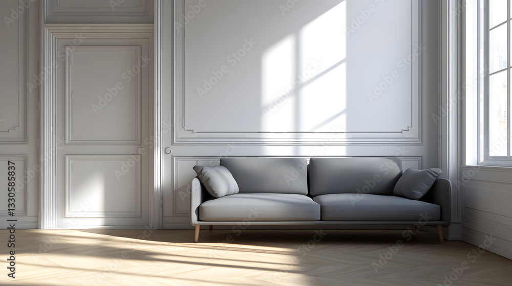 Fototapeta premium Modern Gray Sofa in a Luxurious Classic Interior with Sunlight Streaming Through Window