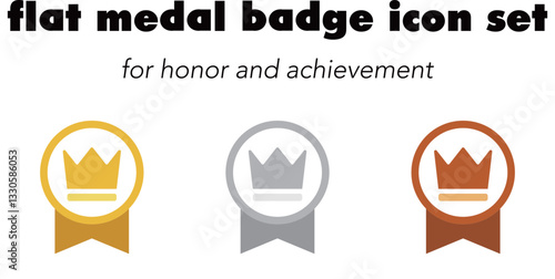 flat golden silver bronze medal badge trophy icon set, award champion victory achievement vector collection, premium sports esports competition ranking success leaderboard honor illustration