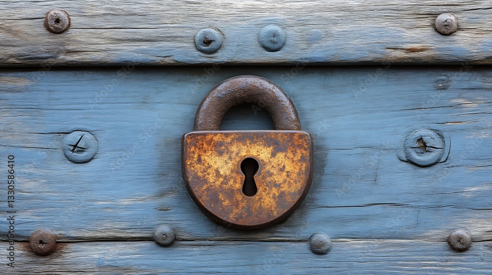 Fototapeta premium Rusted padlock on weathered blue wooden door