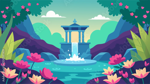 A tranquil meditation garden filled with blooming flowers and the soothing sound of trickling waterfalls.. Vector illustration