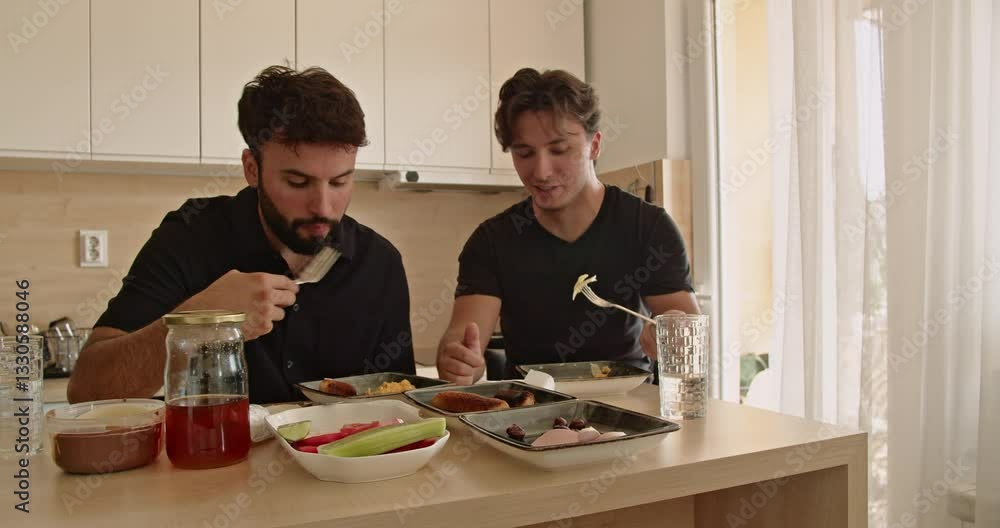 Two Caucasian men enjoy a healthy breakfast together in their modern kitchen. They are talking and laughing while eating. Two Caucasian men enjoy a healthy breakfast together in their modern kitchen. They are talking and laughing while eating.