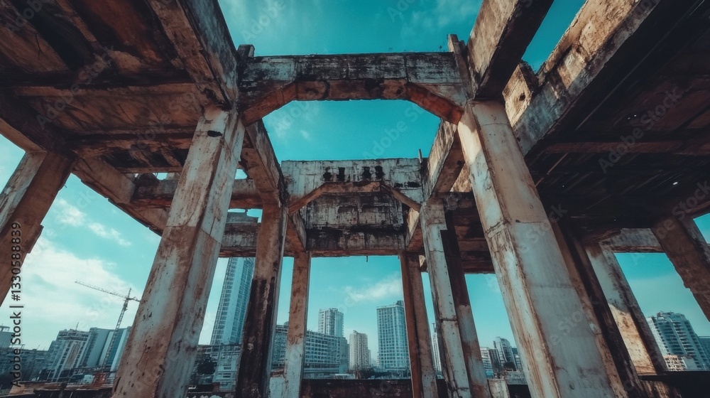 Obraz premium Urban Decay: Abandoned Structure Against Cloudy Sky in Cityscape