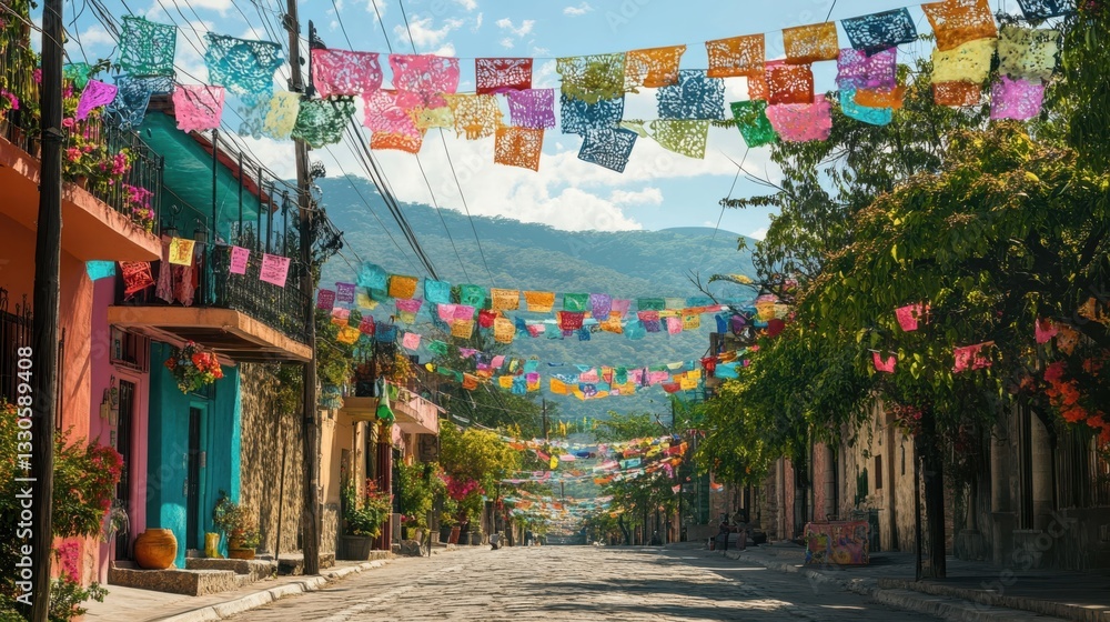 Fototapeta premium Strings of papel picado hanging across a street, fluttering in the breeze