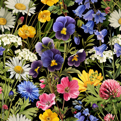 Seamless vector pattern with colorful field flowers isolated on a changeable background. Vintage painting style illustration.