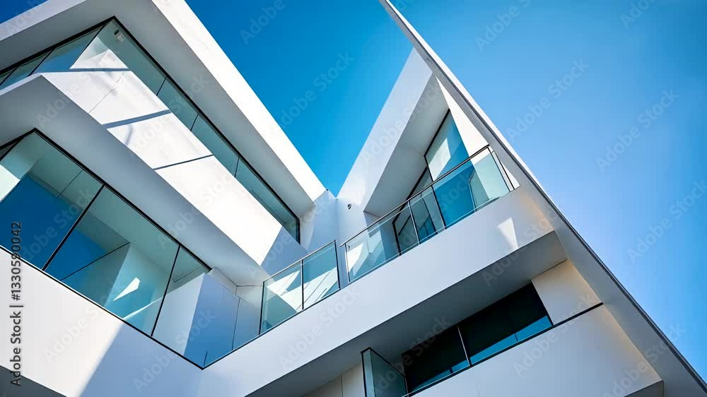 Modern White Architectural Building with Geometric Design and Large Glass Windows
Modern White Architectural Building with Geometric Design and Large Glass Windows