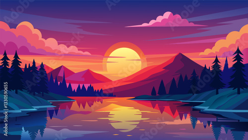 A vibrant sunset over a quiet lake capturing the vibrant colors and reflecting the peacefulness of the moment.. Vector illustration
