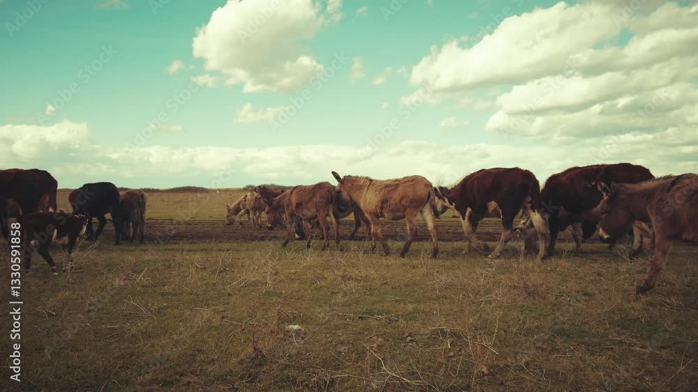 A peaceful spring day on a meadow with donkeys enjoying the warm sun. A peaceful spring day on a meadow with donkeys enjoying the warm sun.