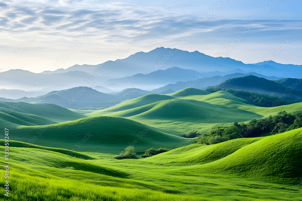 Lush green rolling hills under a tranquil sky Lush green rolling hills under a tranquil sky