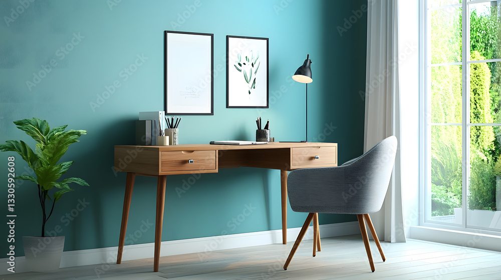 Fototapeta premium Modern Home Office Workspace with Teal Wall and Natural Light