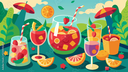 The Sangria Summer Party was the perfect setting for a summer gettogether with the refreshing and fruity tail bringing a taste of Spain to the backyard.. Vector illustration