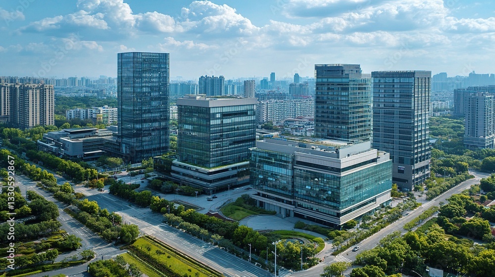 Fototapeta premium Aerial View of Modern Industrial Office Buildings in Urban Environment