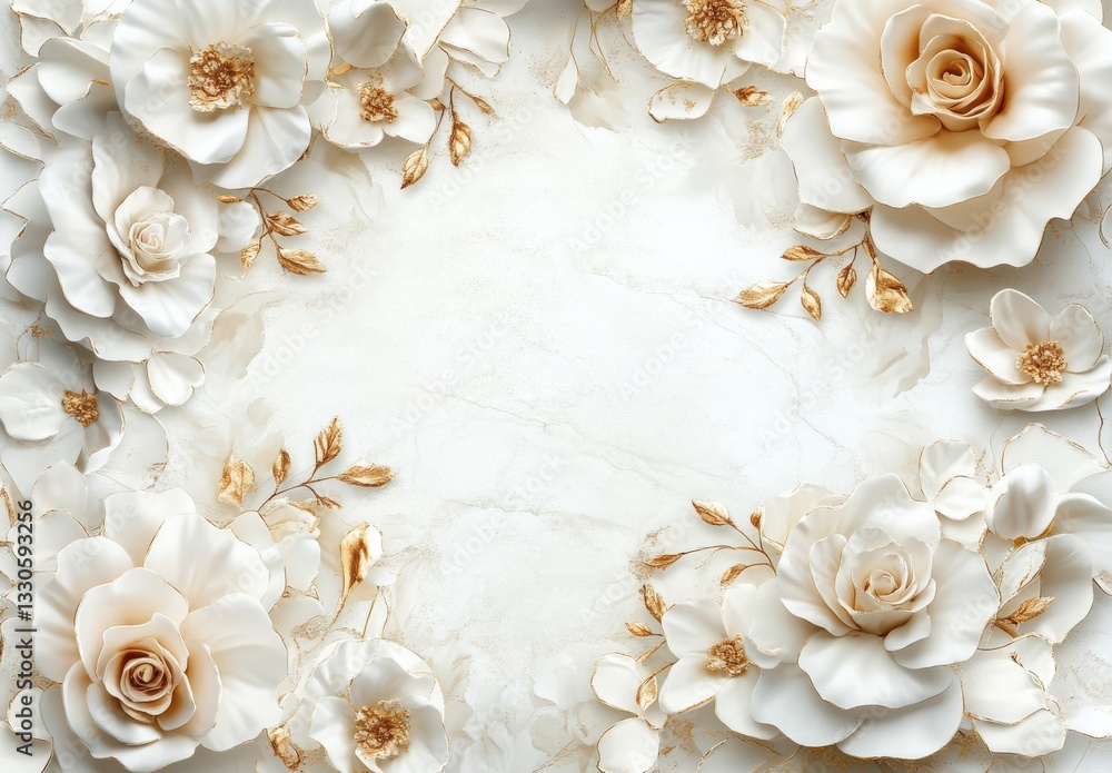 White roses frame with golden details over white background with copy space White roses frame with golden details over white background with copy space