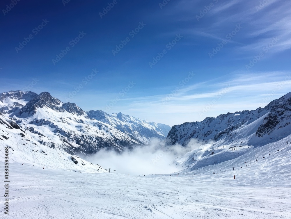 Fototapeta premium Breathtaking Snow-Covered Mountain Landscape with Clear Blue Sky and Scenic View of Snowy Slopes and Majestic Peaks in Winter Wonderland