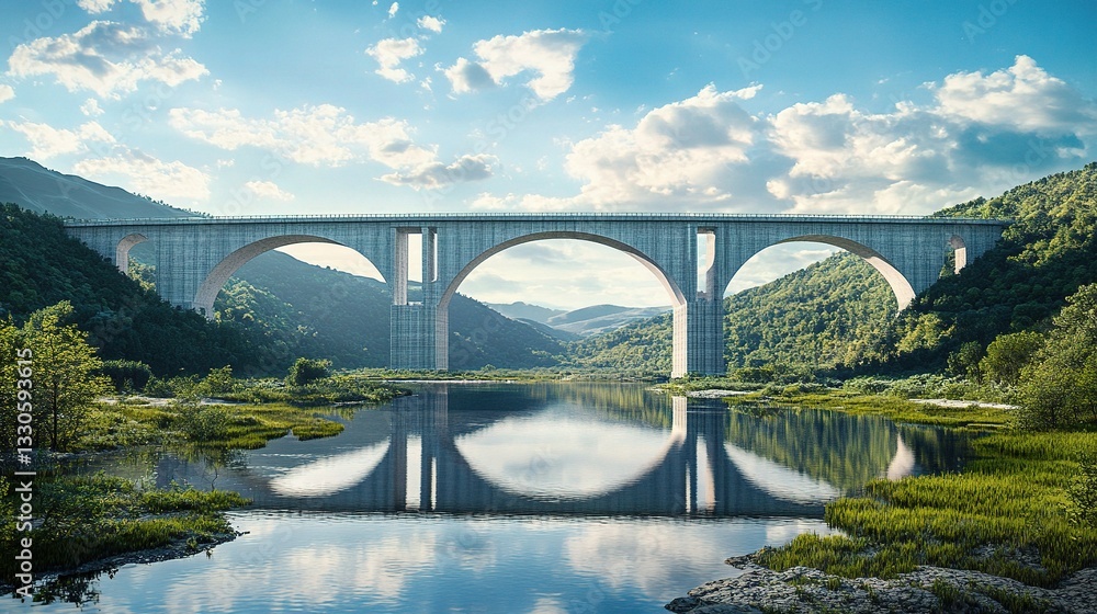 Fototapeta premium Majestic Bridge Over Serene Lake Surrounded by Lush Greenery