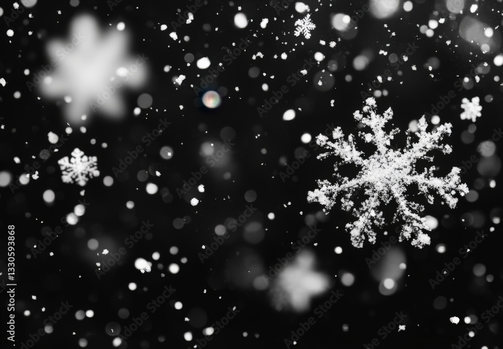 Fototapeta premium White snow overlay layer on black background, snowflakes bokeh and snowfall for Christmas and holiday design.