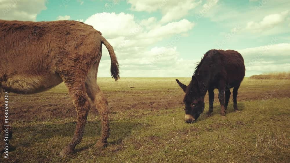 A peaceful spring day on a meadow with donkeys enjoying the warm sun. A peaceful spring day on a meadow with donkeys enjoying the warm sun.
