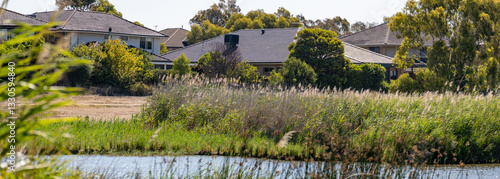 Skeleton Creek in Point Cook, with reeds and grasses growing along the water's edge, modern suburban houses near the wetland. Natural waterway within a residential development in Melbourne Australia.