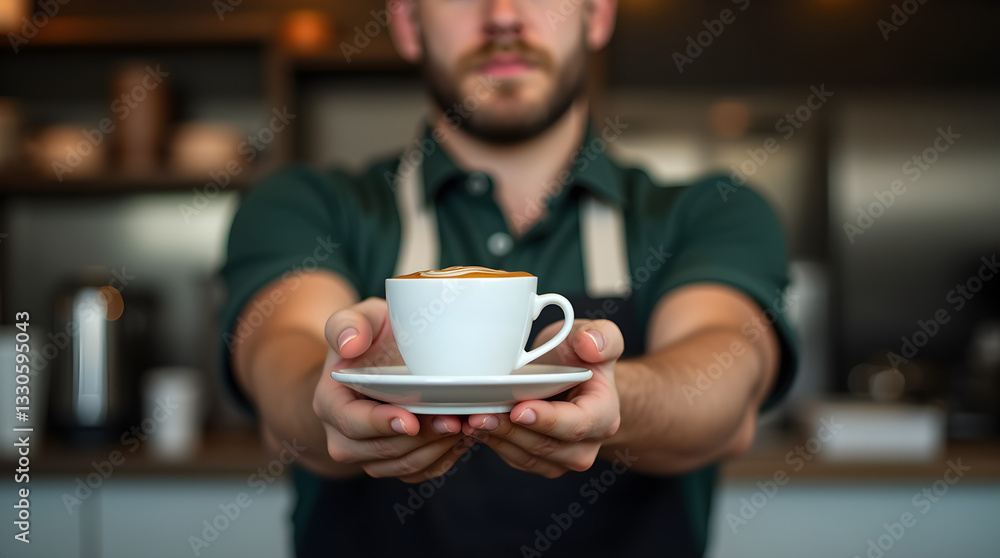 Barista Serving Hot Latte Art Coffee Beverage Cafe Barista Serving Hot Latte Art Coffee Beverage Cafe
