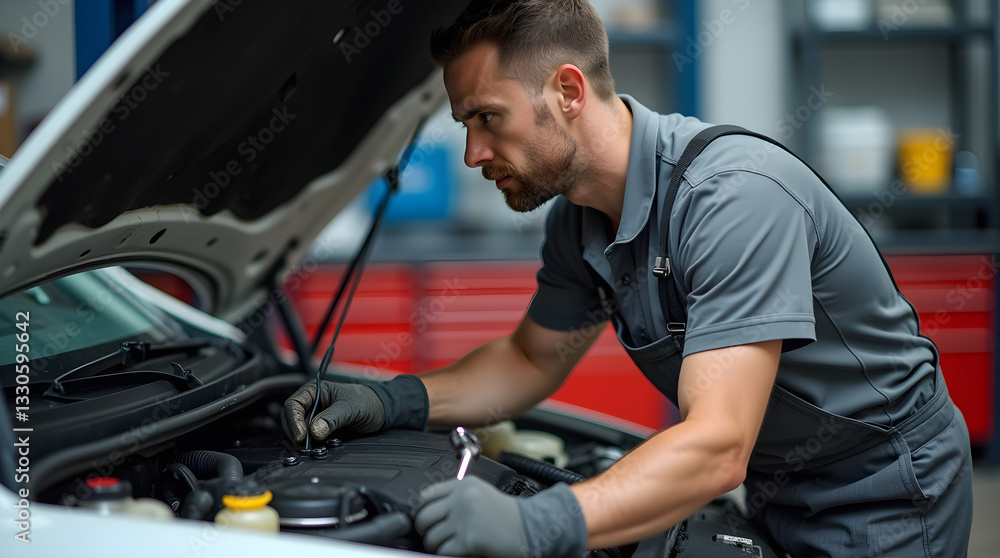 Professional Auto Mechanic Working on Car Engine in Garage Professional Auto Mechanic Working on Car Engine in Garage