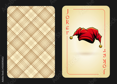 Playing card joker with a red jesters cap. Red joker, vintage style playing card. Vector illustration