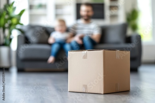 Family unpacks boxes in new home  parents and child celebrate real estate investment journey