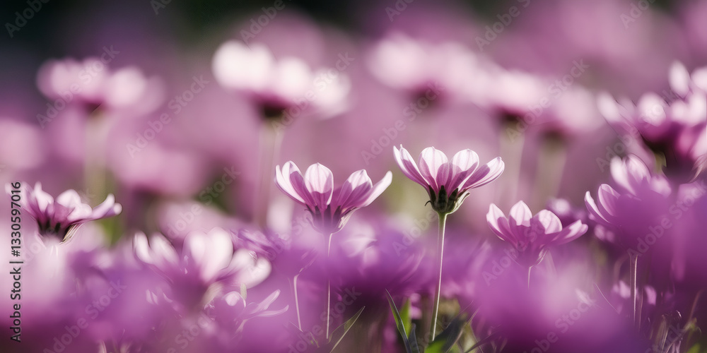 Garden Glow. A high-res close-up of a blurred garden with flowers, transitioning into a light pink solid background.