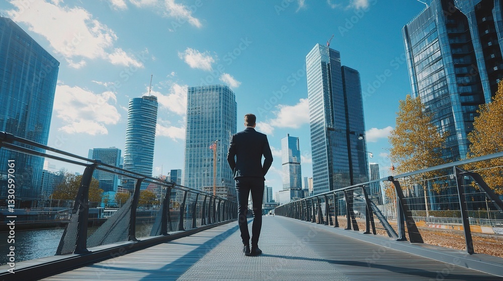 Professional Individual Standing on Bridge Overlooking Cityscape Professional Individual Standing on Bridge Overlooking Cityscape