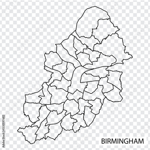 High Quality map of Birmingham is a city of England, with borders of the districts. Map of Birmingham  for your web site design, app, UI. UK. EPS10.