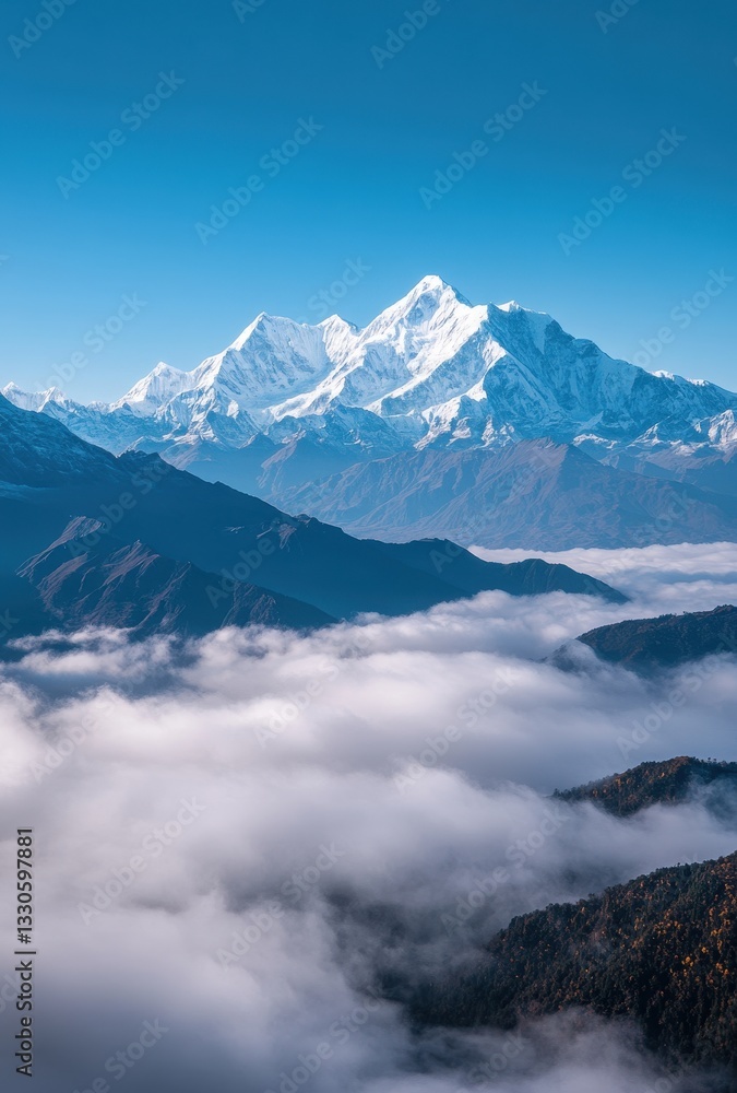 Breathtaking View of Snow-Capped Peaks and Vast Cloud Cover in Majestic Mountain Range Under Clear Blue Sky Breathtaking View of Snow-Capped Peaks and Vast Cloud Cover in Majestic Mountain Range Under Clear Blue Sky