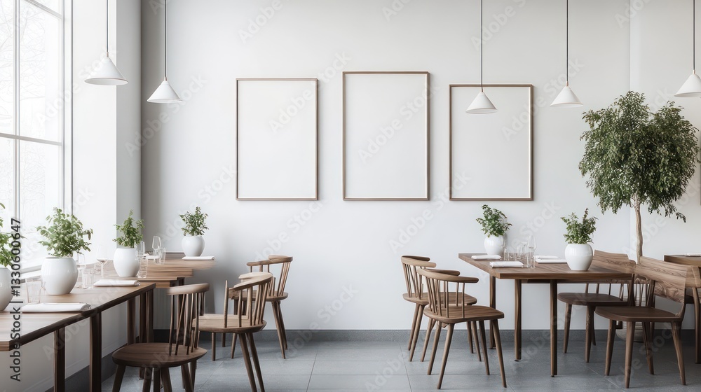 Clean minimalist restaurant with crisp white walls and warm walnut wooden tables Clean minimalist restaurant with crisp white walls and warm walnut wooden tables