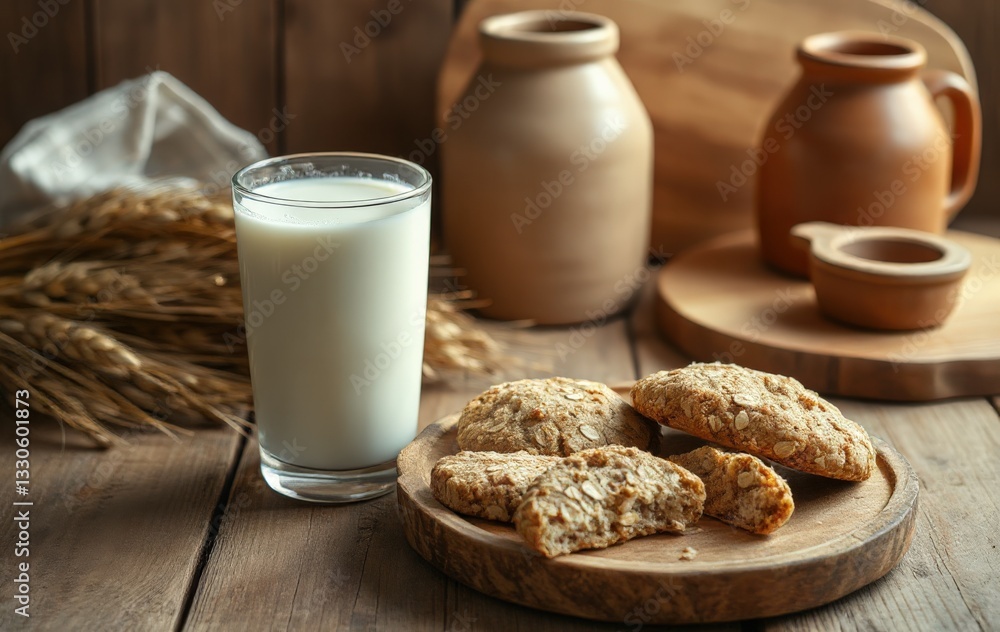 Freshly Baked Oatmeal Cookies with Milk on Rustic Wooden Table Setting Freshly Baked Oatmeal Cookies with Milk on Rustic Wooden Table Setting