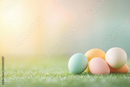 Colorful pastel eggs arranged on green grass in soft natural light during springtime