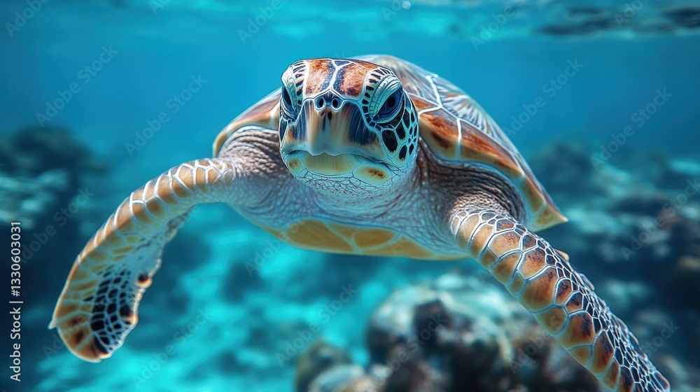 Obraz premium Sea turtle swimming in clear blue ocean over coral reef