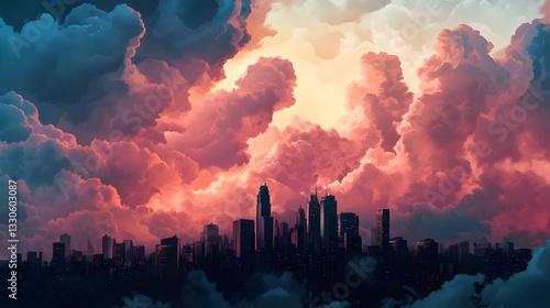 A cityscape with a dramatic storm approaching, intense clouds